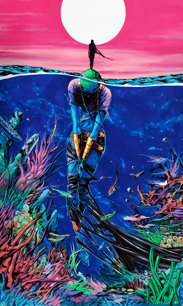 Artistic underwater scene with a diver and coral, transitioning to a pink sky with a white circle.